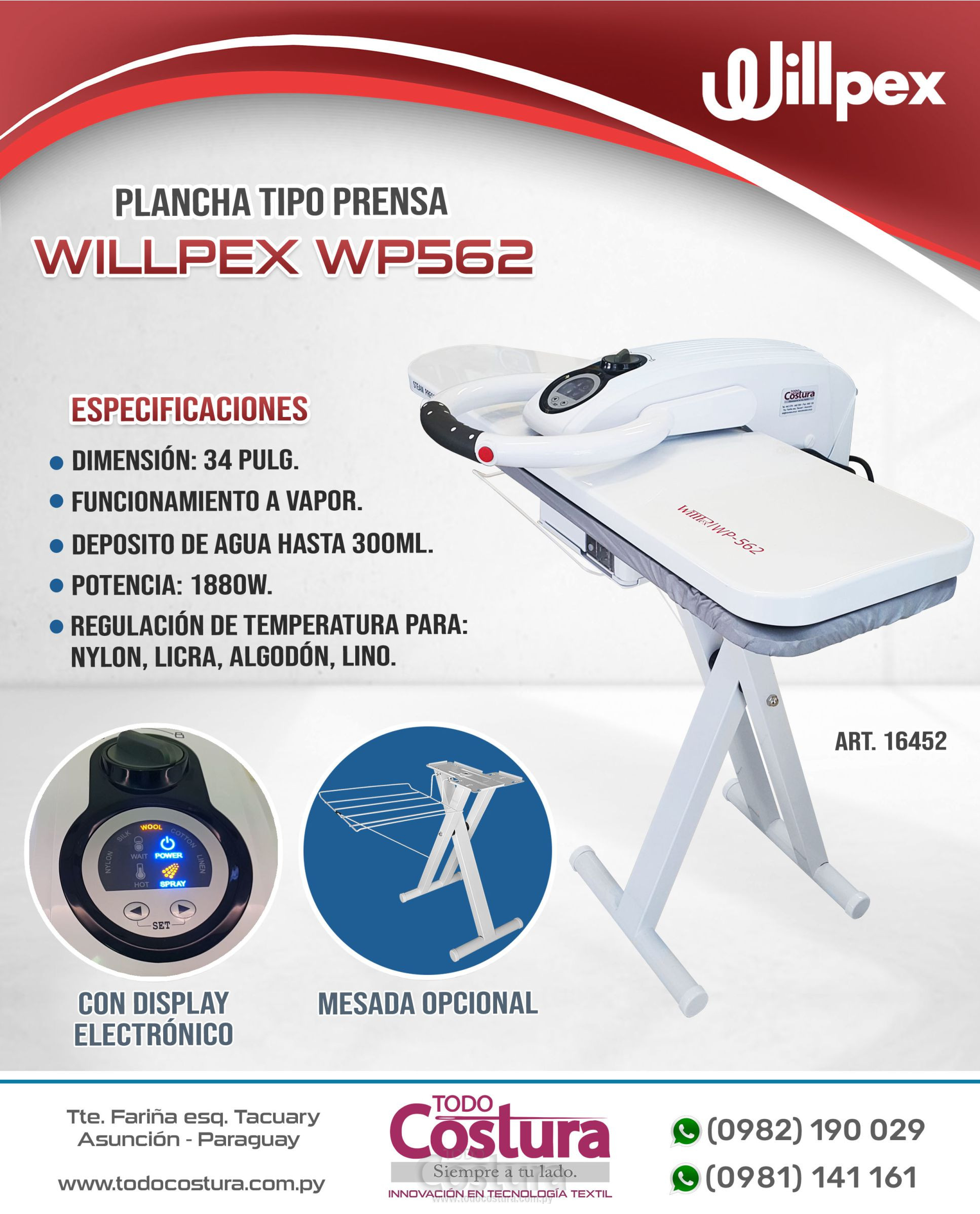 PLANCHA TIPO PRENSA (A VAPOR) WILLPEX WP562